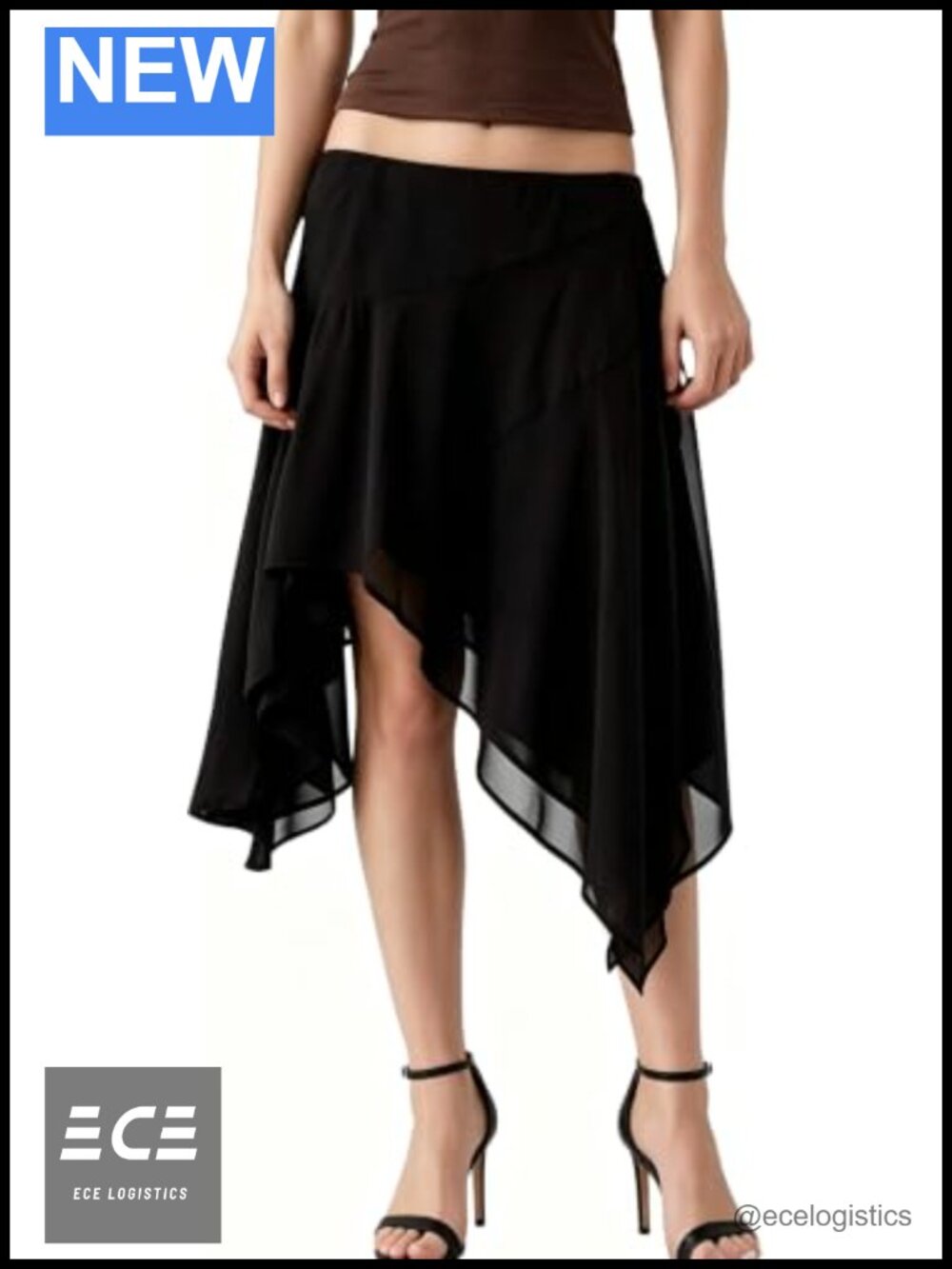 100% Polyester Chiffon Handkerchief Hem Midi Skirt Asymmetrical High Low